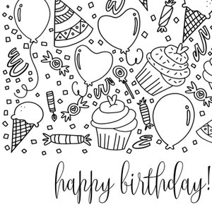 Happy Birthday Coloring Card Printable Hand Drawn Party &amp; - Etsy