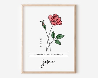 Juni Rose geboorte bloem digitale kunst afdrukbare | Bloemen geïnspireerd cadeau voor juni verjaardag | Roos lijntekeningen