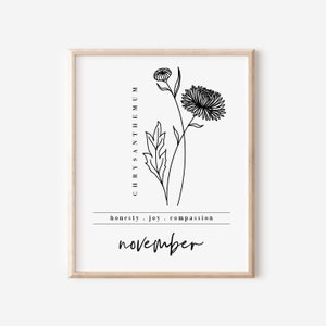 November Birth Flower Chrysanthemum | Black & White Art Printable