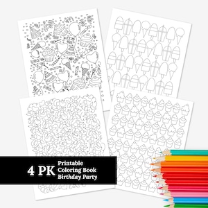 4 Pack Birthday Party Printables | Cupcakes Balloons & Treats | Digital Coloring Pages