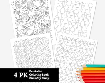 4 Pack Birthday Party Printables | Cupcakes Balloons & Treats | Digital Coloring Pages