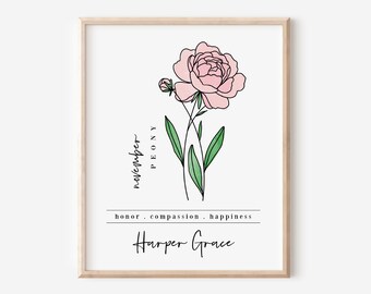 November Birth Flower Peony Art Print | Personalized Name Custom Floral Illustration Wall Decor