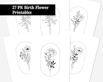 27 Pk Birth Flower Bundle Printables | 12 Months Oval Frame Floral Line Art Digital Wall Decor