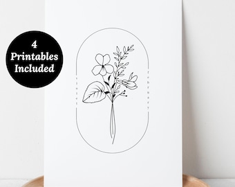 4 February Birth Flower Violet Printables | Black & White Watercolor Simple Floral Art