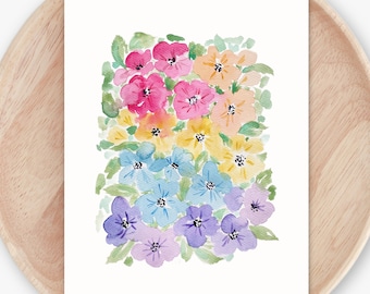 Watercolor Rainbow Florals Unframed Art Print | Colorful Wall Decor