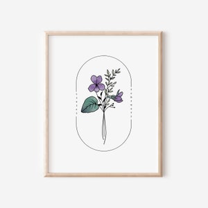 Februari Geboorte Bloem Violet | Aquarel ovale frame eenvoudige kunst afdrukbaar