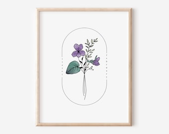 February Birth Flower Violet | Watercolor Oval Frame Simple Art Printable