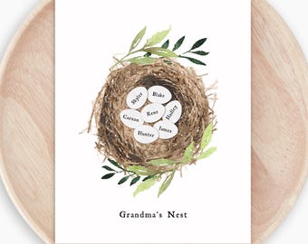 Custom Family Nest Print | Up to 7 Names + Personalized Phrase | Unframed Art Cottagecore Wall Decor