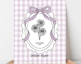 Personalized Birth Flower Art Print | Cameo Gingham Pattern Wall Decor | Illustrated Floral Birthday Gift