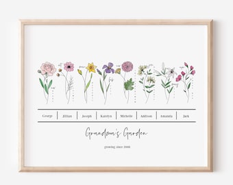 8 Names Personalized Birth Flower Bunch Art Print | Custom Family Garden Unframed Wall Decor