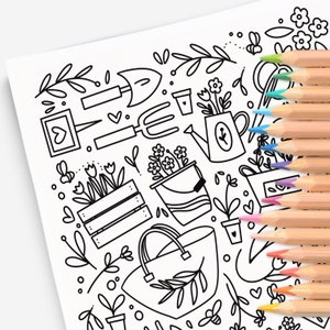 Página imprimible para colorear de flores de jardín de primavera, Impresión y color dibujados a mano, Hojas para colorear digitales, Inspirado en el jardín