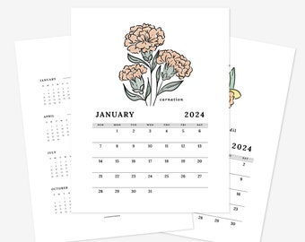 2024 Geboortebloem Maandelijkse jaarkalender & In één oogopslag Kalender | Aquarel illustraties kantoorbenodigdheden