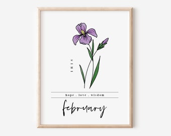 Februar Iris Geburt Blume digitale Kunst druckbare | Geburtstagsgeschenk für Mama | Benutzerdefinierte Familie Blume Tattoo Design
