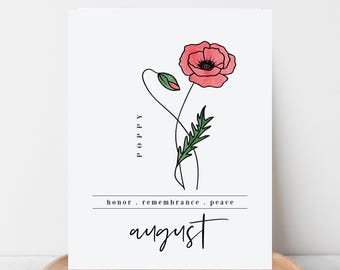 August Poppy Birth Flower Art Printable | Birthday Gift | Nursery Wall Decor