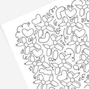 Balloon Doggy&#39;s & Hearts | Hand-Drawn Coloring Page Printable Sheet | Birthday Game Activity | Cute Dogs