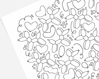 Balloon Doggy's & Hearts | Hand-Drawn Coloring Page Printable Sheet | Birthday Game Activity | Cute Dogs