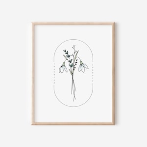 Flor de nascimento de janeiro Snowdrop | Arte simples com moldura oval em aquarela para impressão | Decoração de parede de berçário para presente de aniversário