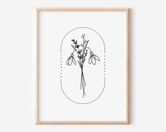 January Birth Flower Snowdrop | Watercolor Oval Frame Simple Art Printable | Birthday Gift Nursery Wall Decor
