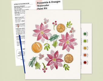 Poinsettia & Oranges Watercolor Paint Kit | Pre-Sketched Art Set Gift, Holiday Paint Party