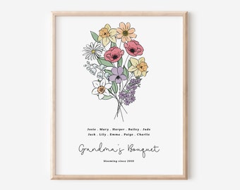 Family Birth Flower Bouquet Print | Up to 10 Names & Flowers | Gift for Mom and Grandma