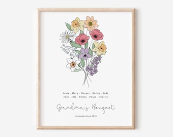 Family Birth Flower Bouquet Print | Up to 10 Names & Flowers | Gift for Mom and Grandma