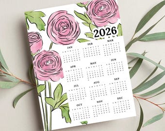 2026 Calendar Print | Ranunculus Florals At A Glance Unframed Art | Buttercup Flower Office Wall Decor