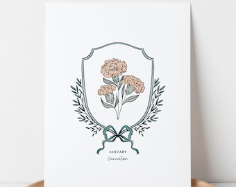 January Carnation Birth Flower 8 Options | Unframed Art Print | Sketched Crest & Bow Floral Illustration
