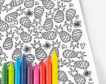 Pineapple and Hearts | Hand-Drawn Printable Coloring Page Digital Color Sheets | Fruit Doodles