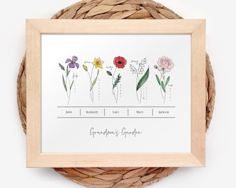 Birth Flower Bunch Framed Art Print Up To 6 Names | Custom Gift For Mom & Grandma | Personalized Gift