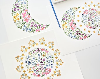 Wildflower Crescent Moon Sun Celestial Print | 3 Options Watercolor Floral Wall Decor