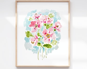 Pink Rose Garden Watercolor Unframed Art Print | June Birth Flower Wall Decor