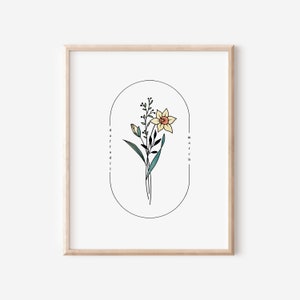 Marzo Nacimiento Flor Narciso / Acuarela Marco Ovalado Arte Simple Imprimible