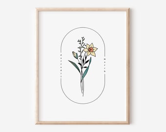 March Birth Flower Daffodil | Watercolor Oval Frame Simple Art Printable