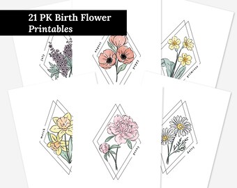 21 Pk Birth Flower Bundle Printables | 12 Months Diamond Frame Floral Line Watercolor Art Digital Wall Decor