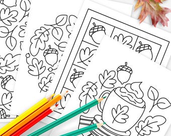 4 Pk Fall Printable Coloring Pages Digital Color Sheets | Hand-Drawn Autumn Illustrations