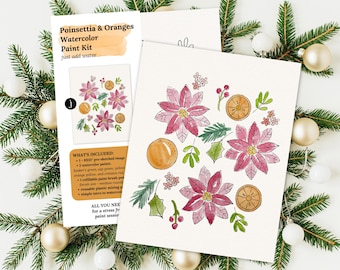 Poinsettia & Oranges Watercolor Paint Kit | Pre-Sketched Art Set Gift, Holiday Paint Party, Date Night