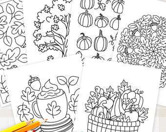 10 Pk Fall Printable Coloring Pages Digital Color Sheets | Hand-Drawn Cozy Autumn Illustrations