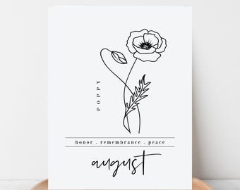 August Birth Flower Poppy Printable | Floral Line Art Wall Decor