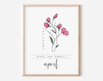 April Sweet Pea Birth Flower Digital Art Printable | Floral Inspired Gift for April Birthday | Pink Flower Wall Decor