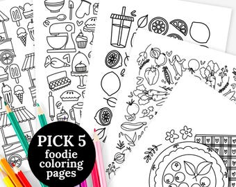 Pick Any 5 Foodie Coloring Page Printables | Baking Dessert Fruit Vegetables