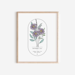 Áster da flor do nascimento em setembro | Arte simples com moldura oval em arco para impressão