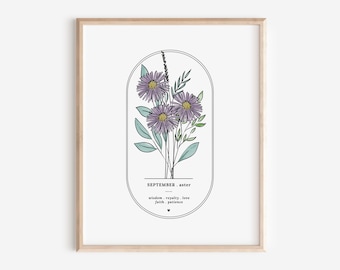 September Birth Flower Aster | Arch Oval Frame Simple Art Printable