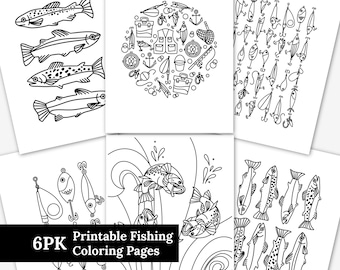 6 PK Printable Fishing Coloring Pages | Print & Color | Lure Rainbow Trout Bass Water Fishing Gear Nature Coloring Sheets