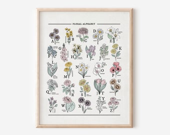 Flower Alphabet Chart Vintage Style | Illustrated Watercolor Floral Unframed Art Wall Decor