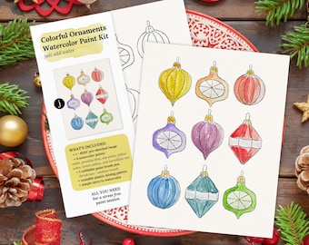 Colorful Ornaments Watercolor Paint Kit | Pick Your Pack 2, 4, 8, 10, 12 Packs | Pre-Sketched Art Set for Christmas Paint Party