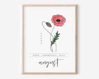 August Poppy Birth Flower Digital Art Printable | Floral Inspired Gift for Aug Birthday | Red Poppy Illustration