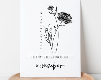 November Birth Flower Chrysanthemum Printable | Black & White Floral Art | Birthday Gift