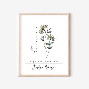 Custom Name June Birth Flower Honeysuckle | Personalized Digital Printable | Floral Line Art Garden Inspired Birthday Gift