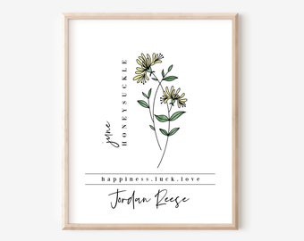 Custom Name June Birth Flower Honeysuckle | Personalized Digital Printable | Floral Line Art Garden Inspired Birthday Gift