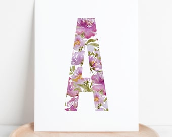 Big Purple Blooms Floral Letter | Rose Flower Monogram Print | Custom Alphabet Initial Wall Art